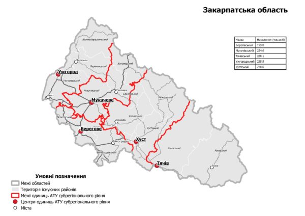 Regiunea Transcarpatia - noile macro-raioane suprapuse peste actualele raioane - varianta Ministerului de resort
